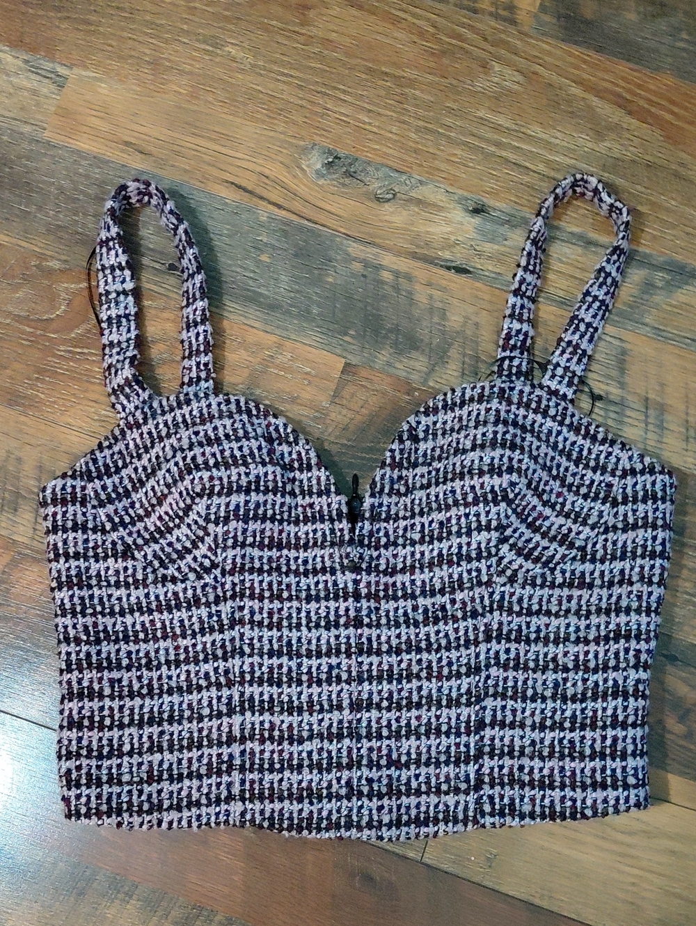 Womens Pink & Black Tweed Bustier Crop Top